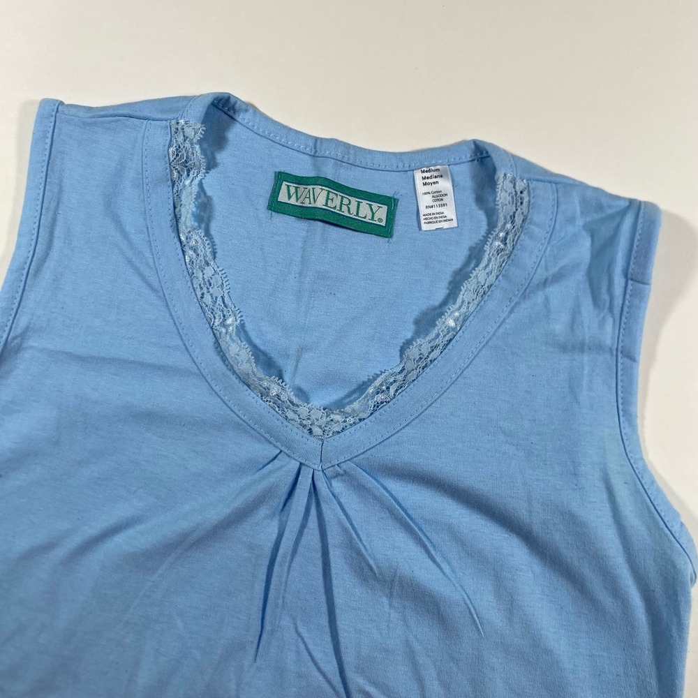 Waverly Womens Light Blue Lace Trim V-Neck Sleeveless Cotton Top Medium 2926 - Picture 1 of 7
